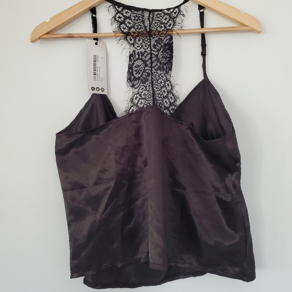 NWT NASTY GAL Sz M Black Silky Cami Top Spaghetti Straps Eyelash Lace T-Back Y2K - Picture 12 of 16